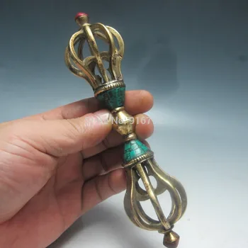 

WBY Tibetan Buddhism Bronze Turquoise Buddhist Ritual Tool Hand Vajra Dorje statue
