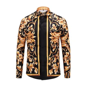 

XIMIWUA 2019 New Arrival MenShirts Fashion Golden Floral Print Casual Slim Fit Long Sleeve Camisas Para Hombre Hawaiian Shirt