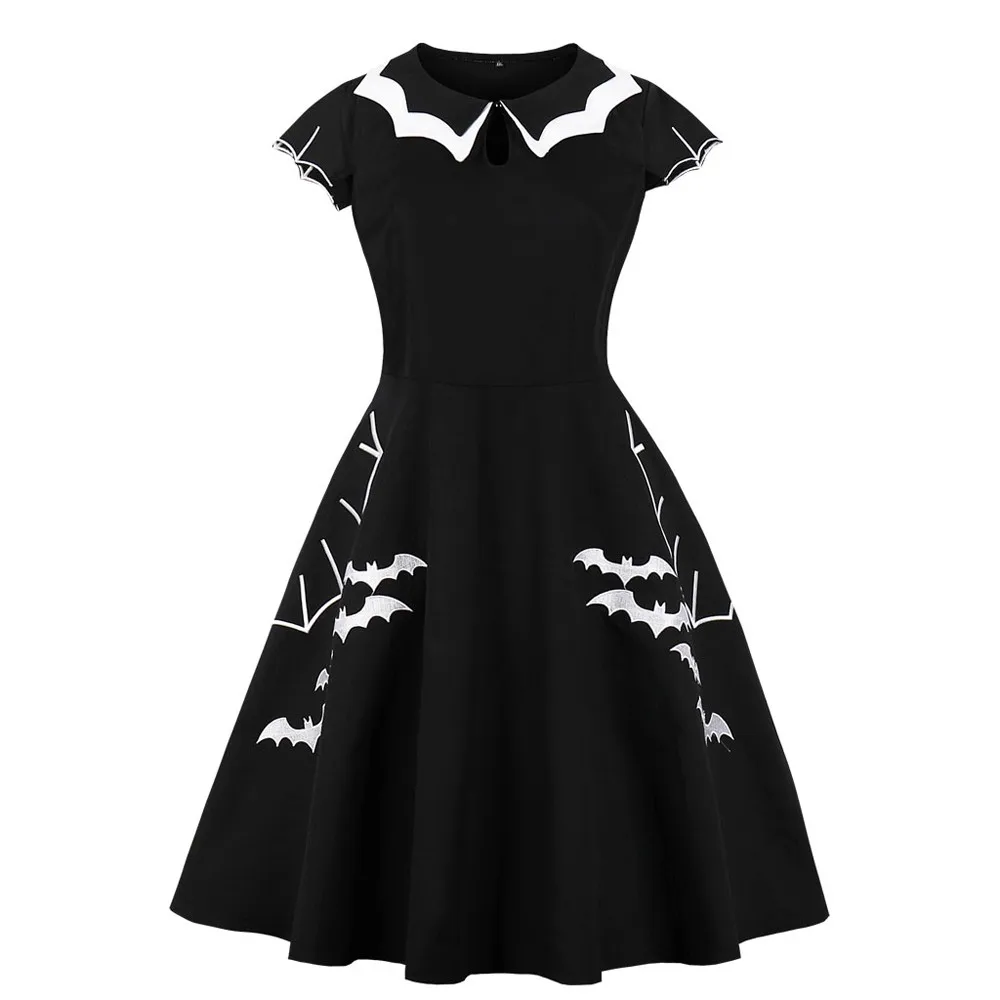 Jaycosin женское платье размера плюс с принтом на Хэллоуин в стиле ретро, повседневное плиссированное платье мини с высокой талией и круглым вырезом, Vestidos De Festa, Новинка - Цвет: Black