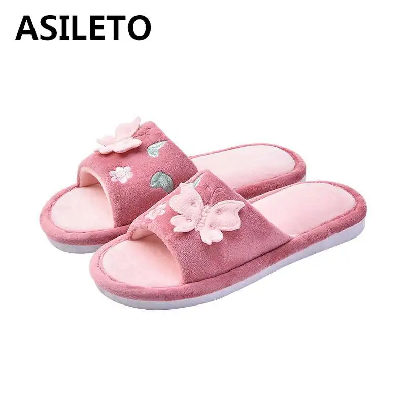 

ASILETO Plush Women Home Slippers Indoor Bedroom Loves Couple Shoes Cartoon butterfly Home Shoes Soft Warm Slippers chaussures