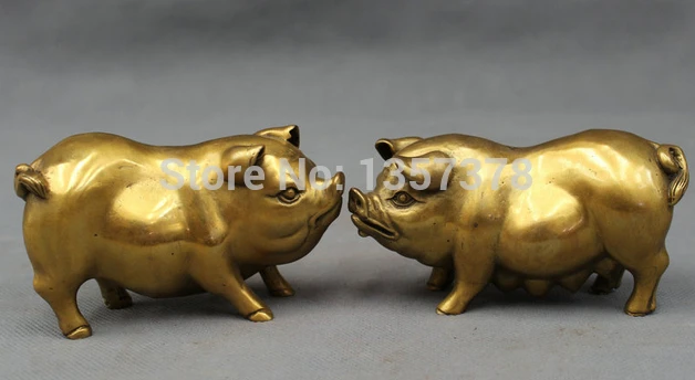 

shitou 00467 Chinese Pure Brass Folk Figurine Year Zodiac Wealth Fu Pig Statue Animals Pair