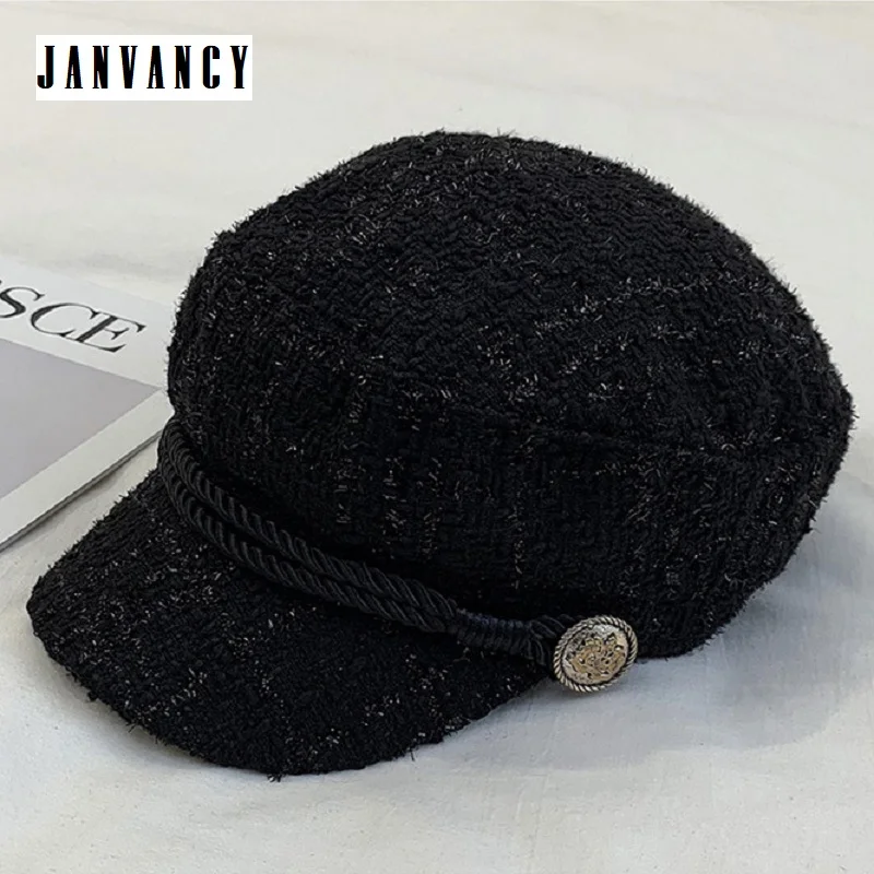 

Retro Chic Warp Newsboy Cap for Women Twisted rope Button Navy blue Hat with Visor England style Baker boy Black Vintage Gatsby