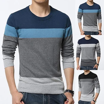 

Men Casual Round Neck Color Block Long Sleeve Slim Sweater Pullover Winter Top