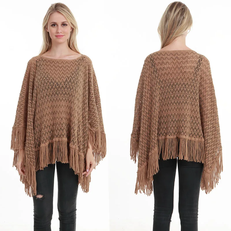 Новое Осеннее модное женское пончо с кисточками свободный свитер для женщин пуловер Плюс Размер Тонкий свитер Свободная шаль