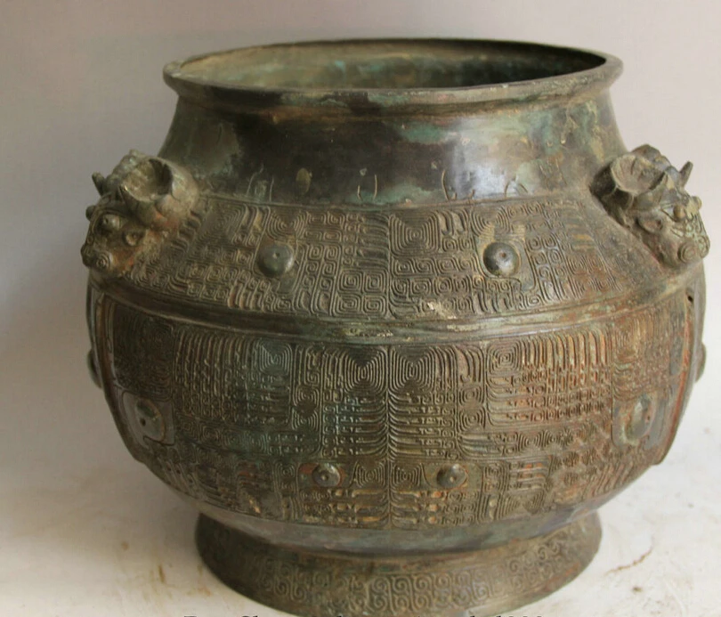 USPS to USA S2332 12&quot Old Chinese Bronze circular word Sheep Head food water vessel Pot Jar Crock | Дом и сад