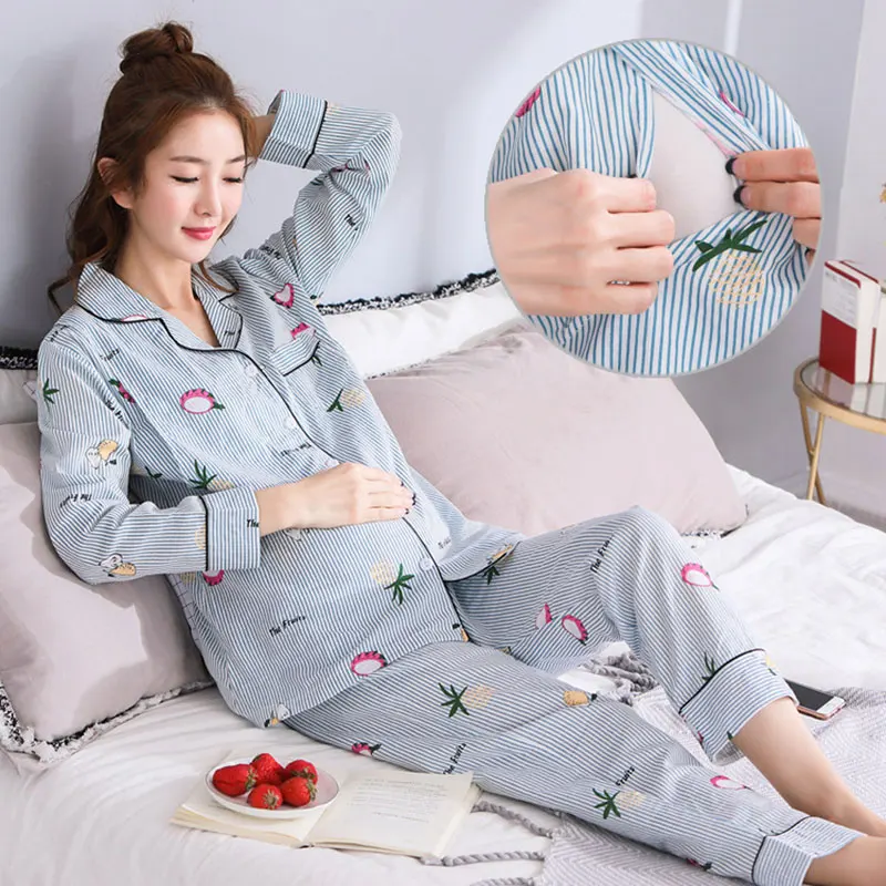 

Maternity Pajamas Suit Cotton Cartoon Printed Stripe Tops+Pant Long Sleeve Breastfeeding Two Pieces Sleepwear