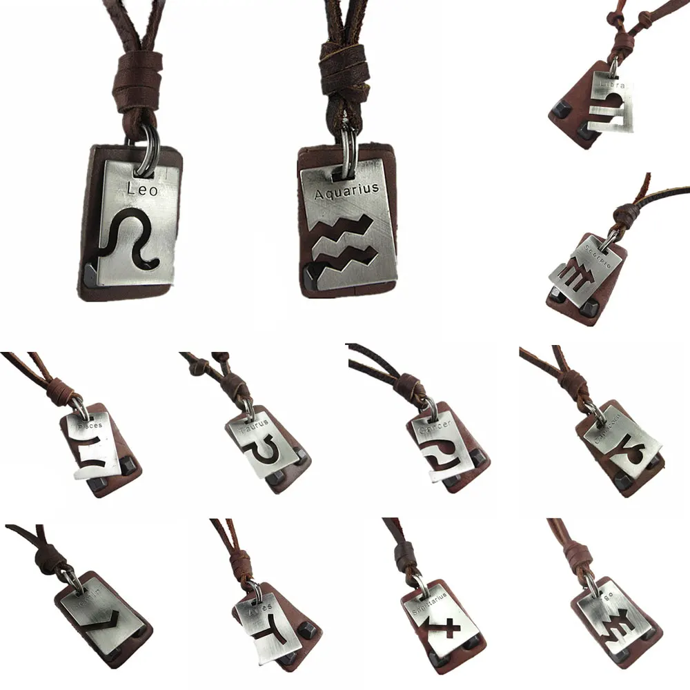 

2017 New High Quality Zodiac Brown Genuine Leather Pendant Necklace LIBRA SCORPIO LEO TAURUS VIRGO for Women Men Fashion Jewelry