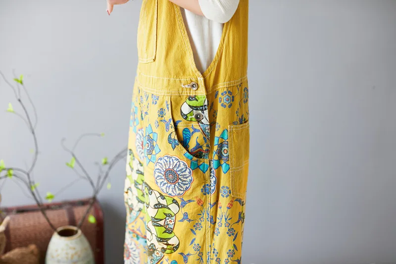 Для женщин свободное с цветочным принтом в стиле пэчворк рваные Комбинезоны женские Винтаж плюс Размеры желтые джинсовые комбинезоны