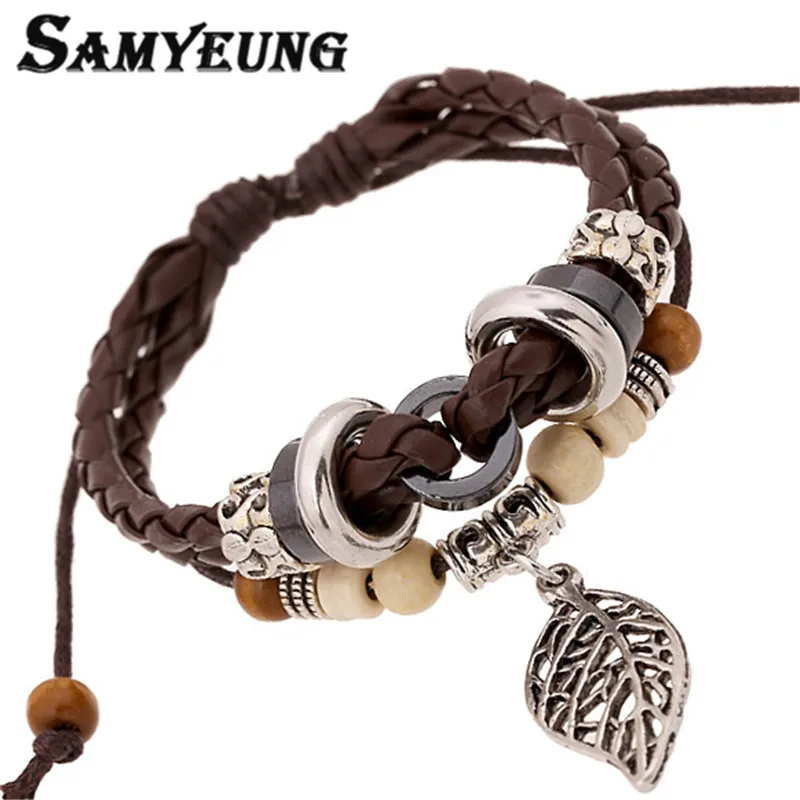 

Samyeung Pulseras Vintage Handmade Man Leather Wrap Bracelets Male Braslet Brown String Arm Bracelet Women Braclet Men Jewelry