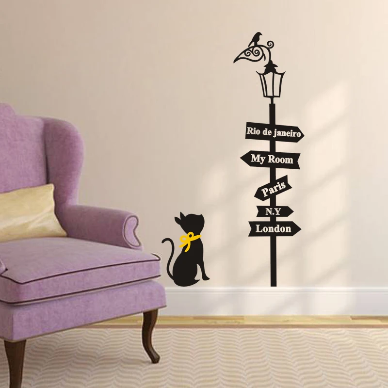 Ancient Lamp Cats Signpost Wall Stickers Decals Living Room Kids Rooms Decor Diy Cartoon Bedroom Vinyl Wallpaper Home Decoration