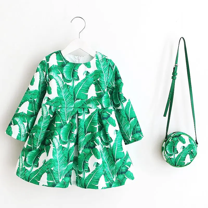 Long Sleeve Dress Girl Christmas Dress 2021 Autumn Winter Floral Print Toddler Girl Dresses Kids Clothes Children Dress with Bag cute baby dresses