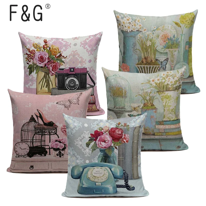 

Vintage Flowers Cushions Cover Peach blossom Home Decor Linen Cotton Pillow Cover Decorative Pink Blue Throw Pillows Pillowcase