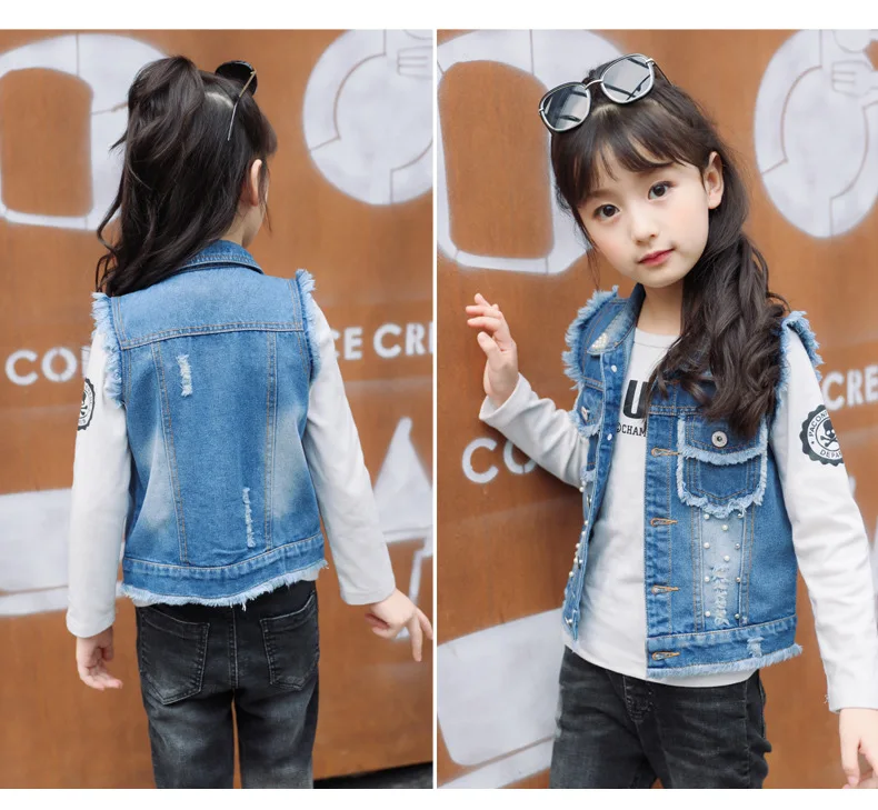 Bebê sem Mangas Colete com Bolsos Colete para Roupas da Criança Primavera Outono Moda Denim Turn-down Collar Menina Pérolas Legal Bc212 3 turn-down collar colete com bolsos menina pérolas