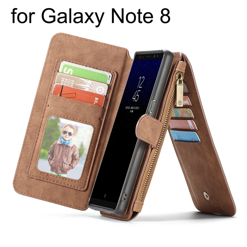 Luxury Genuine Leather Phone Case For Samsung Galaxy Note 8 Zipper Wallet Detachable