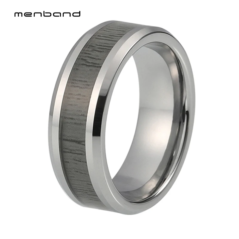 

8mm Tungsten Wedding Ring for Men Women Wood Inlay Beveled Edges Silver Polished Shiny