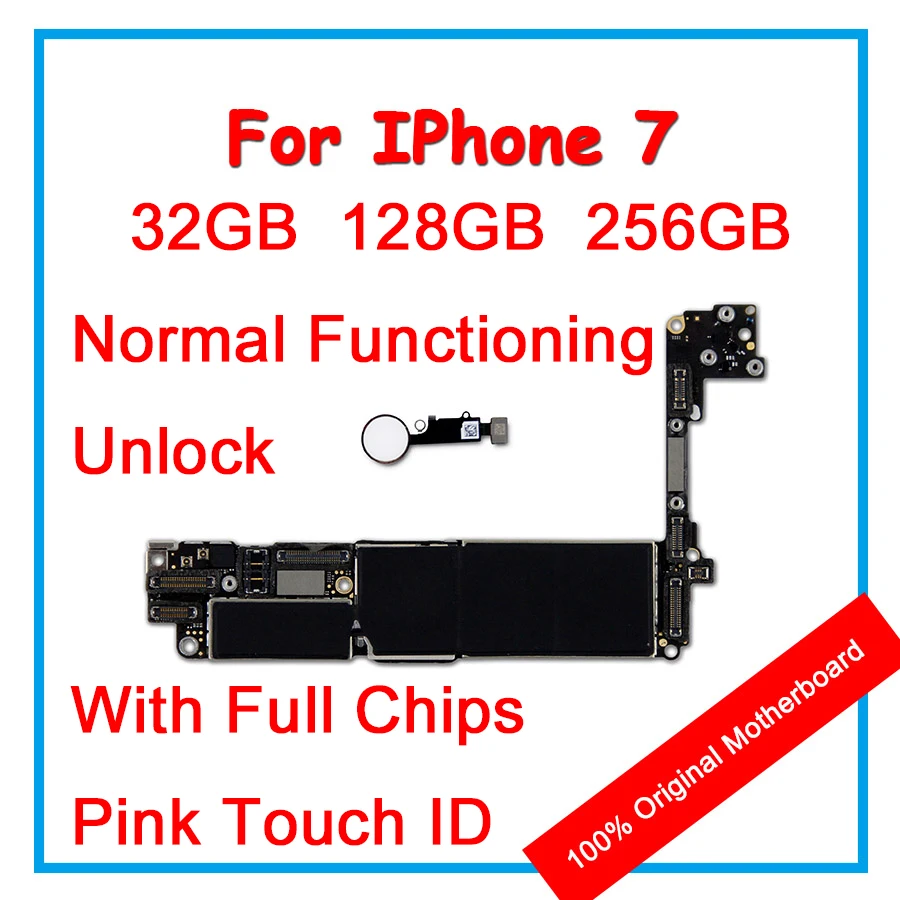 

32GB 128GB 256GB For iPhone 7 Motherboard 100% Original Unlock Mainboard With Pink Touch ID Logic Board With Chips For Replace
