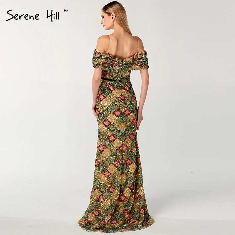 Новейший дизайн, Сексуальные вечерние платья с открытыми плечами, разноцветные, с блестками, роскошные, с разрезом спереди, вечерние платья Serene hilm BLA60804