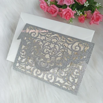

50pcs Pocket Style Silver Glitter Laser Cut Wedding Invitation Kit Hollow Invitation Cards for Quince Engagement Business