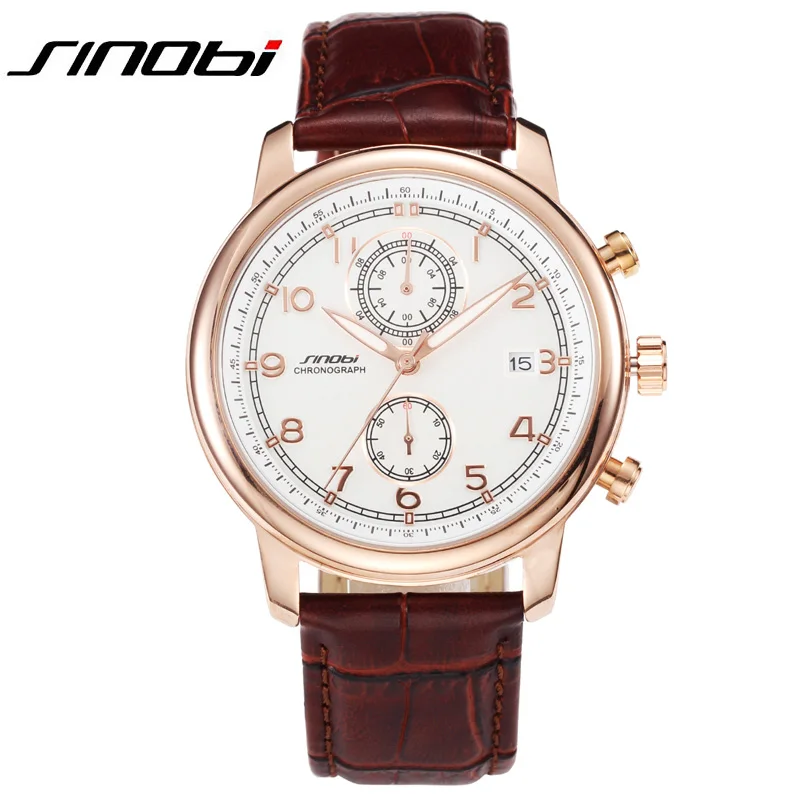 

2017 Top Luxury Brand SINOBI Watch Men Male Waterproof Clock Leather Band Auto Date Quartz Chronograph Watch Relogio Masculino