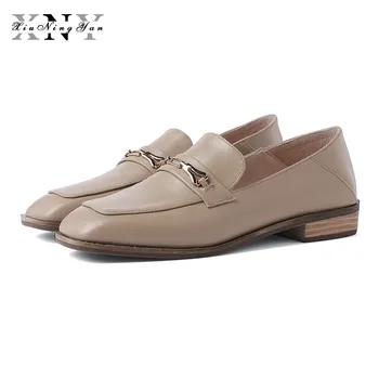 

XiuNingYan Penny Loafer Women Fashion Genuine Cow Leather Slip on Square Toe Brogues Flats Handmade Casual Shoes for Women 2019