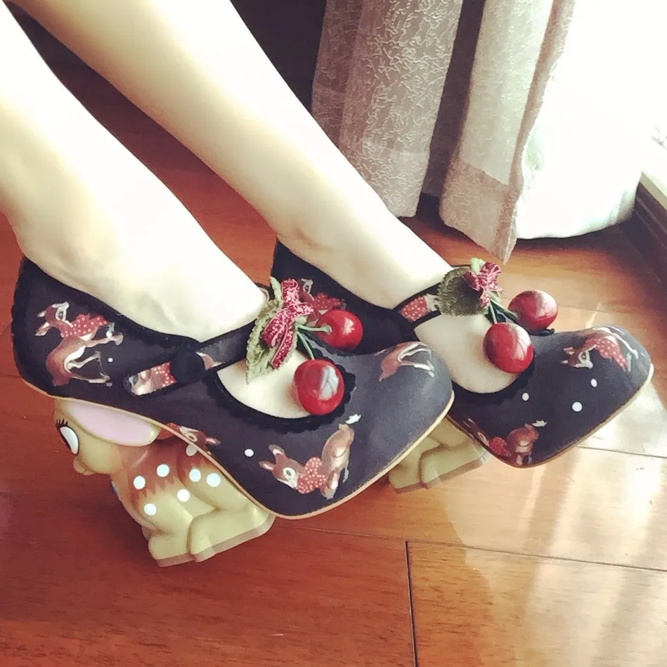 Милые модные женские туфли-лодочки на каблуке Бемби; Пряжка в виде вишни; женские уникальные туфли на высоком каблуке с круглым носком; коллекция года; пикантные модельные туфли на высоком каблуке; размер 40 - Цвет: as picture