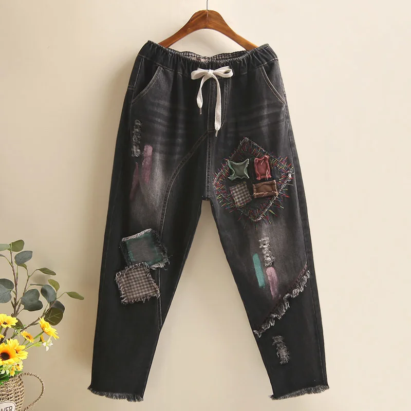 Высокая Талия рваные джинсы-шаровары женщина Винтаж черный лоскутные джинсы дамы Для женщин джинсы брюки джинсы Mujer