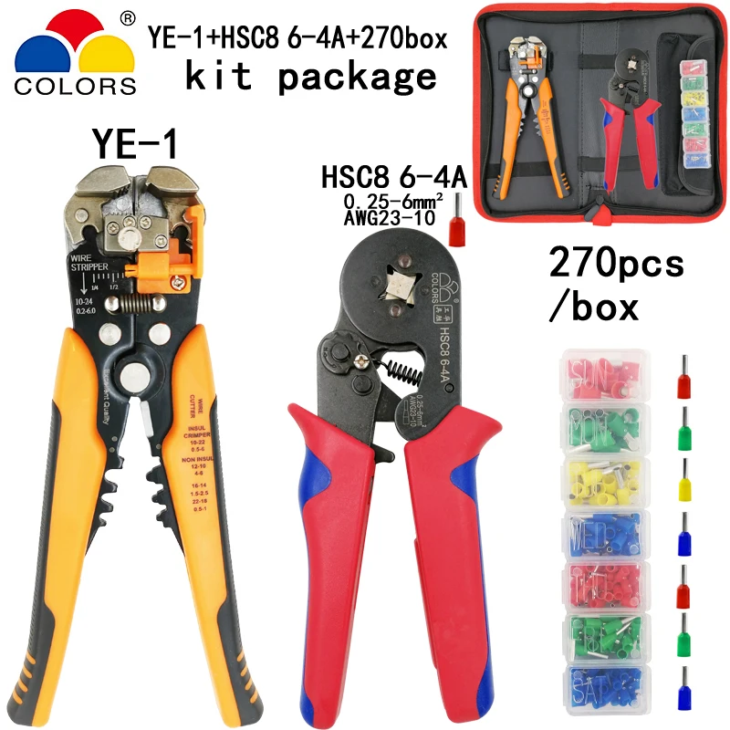 

Kit crimping pliers HSC8 6-4A 0.25-6mm2 stripping cutting wire pliers 270pcs/box tube terminal suit electric clamp tools