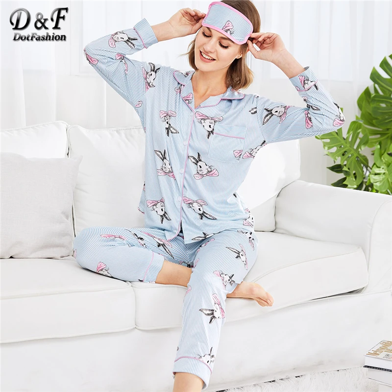 Koop Dotfashion Konijn Print Gestreepte Pyjama Set 2018 Nieuwe Collectie Kraag Lange Mouw Vrouwelijke Kleding Lente Animal Pajama Set