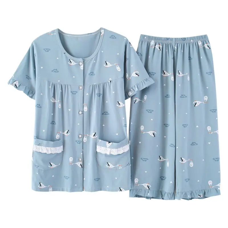 

2019 Summer Pajama Set Women Short Sleeve 2 Pieces Suit Sleepwear Female Casual Cotton Nightwear Pyjama Femme Home Wear