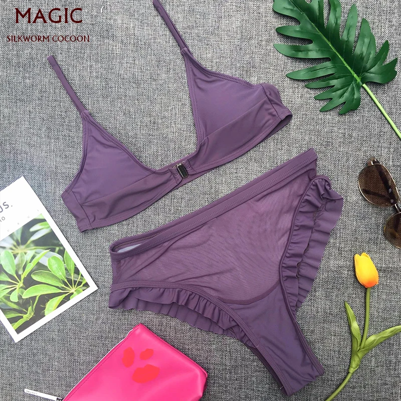 

Sexy Perspective Bottom Bikini Set Women High Waist Solid Swimsuit Summer Swimming Suit Beachwear High Quality Mesh Swimwear