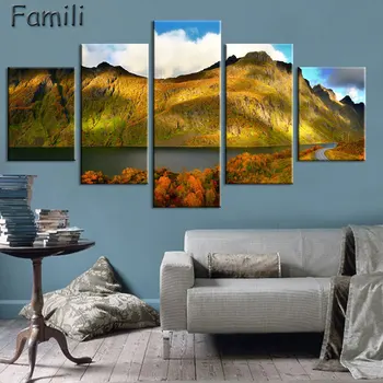 

5Panel norway night northern lights lake Natural landscape poster silk fabric cloth print wall sticker Wall Decor custom print