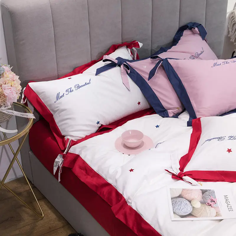 Синий желтый из египетского хлопка King size комплект двуспального постельного белья Звезда вышивка пододеяльник простыня с покрывалом на
