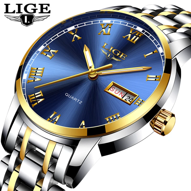 LIGE часы Для мужчин модные спортивные кварц полный Сталь золото Бизнес Для мужчин s часы лучший бренд класса люкс Водонепроницаемый часы