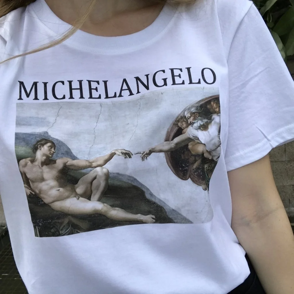 Kaufen Kuakuayu HJN Michelangelo Sistina Harajuku Ulzzang T shirt Kunst T shirt Van Gogh T Shirt Femme Kleidung Kurzarm T shirt