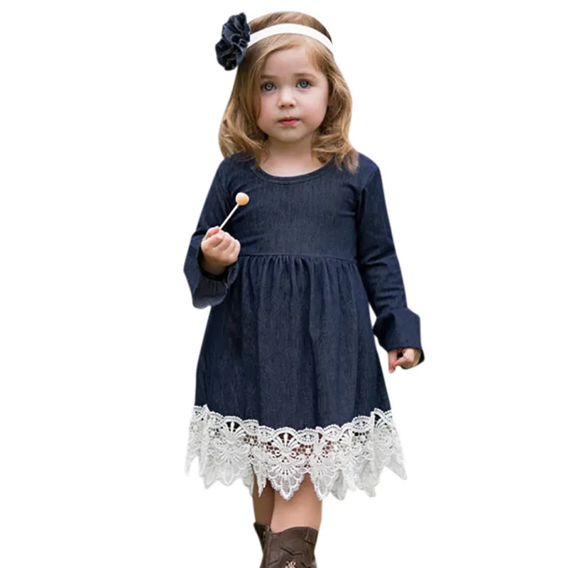 2018 Toddler Infant Baby Girls Denim Flare Sleeve Dress Lace Splice Sundress Clothes Sin
