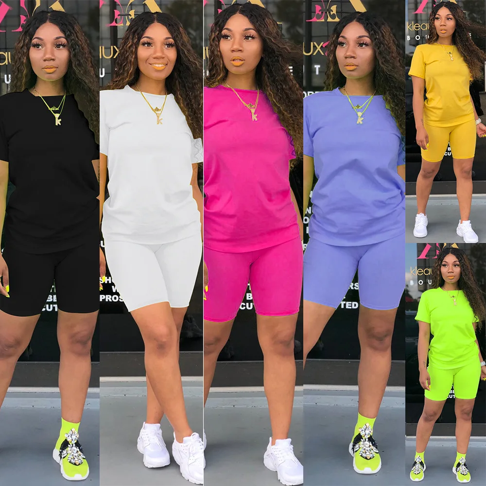 

2019 new women solid sporting casual two piece set short sleeve tee top above knee pants suit tracksuit outfit 6 color F110