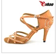 Evkoo/пикантные женские атласные туфли для танцев на высоком каблуке 8,5 см; цвет черный, коричневый; туфли для латинских танцев со стразами; Zapatos De Baile; Evkoo-067 для латинских танцев - Цвет: Коричневый