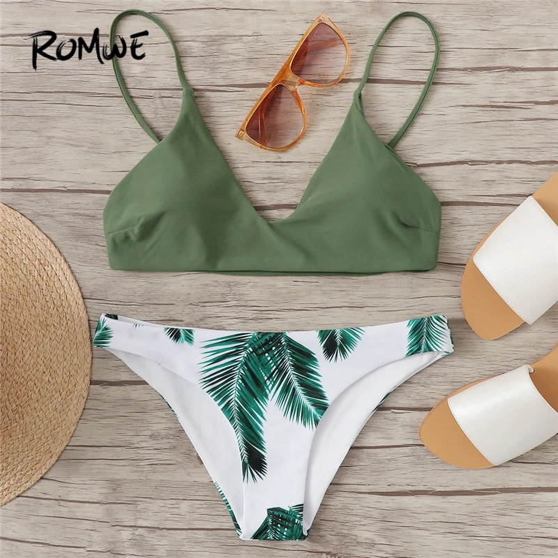 

Romwe Sport Adjustable Straps Wire Free Chest Pad Bikini Top Plants Print Bottoms Bikini Set Women Summer Beach Pool Swimsuits