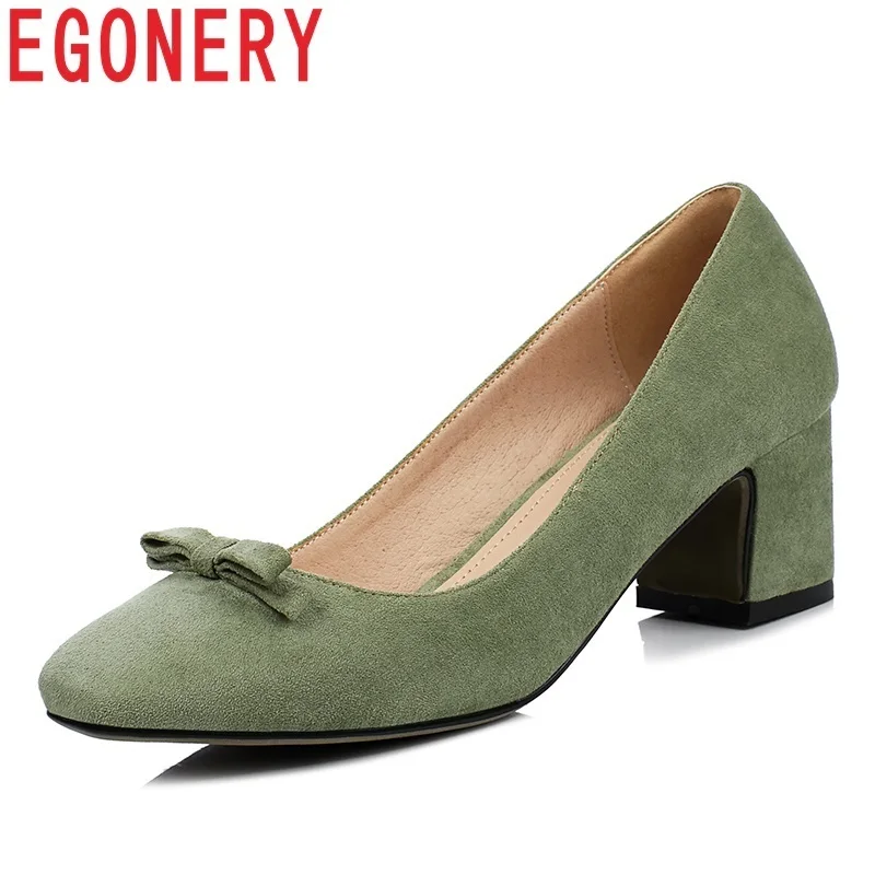 

EGONERY 2019 spring new concise casual high square heel flock women pumps outside square toe sweet bowtie shallow ladies shoes