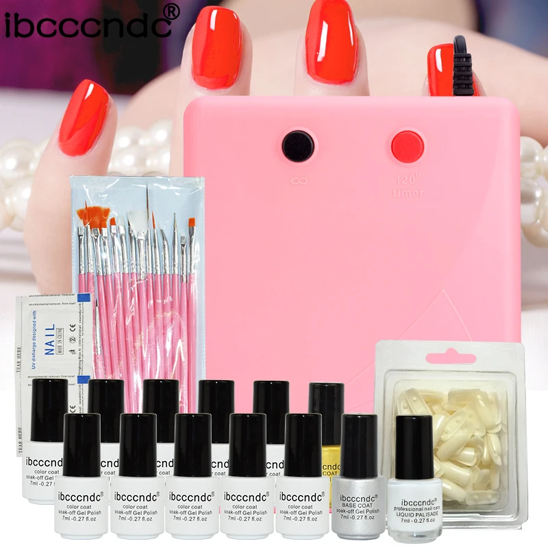 

Pro Nail Art Set Manicure Tools 36W UV Lamp 10 Color 7ml Soak Off Gel Nail Base Gel Top Coat Polish Remover False Nail Tips Kit