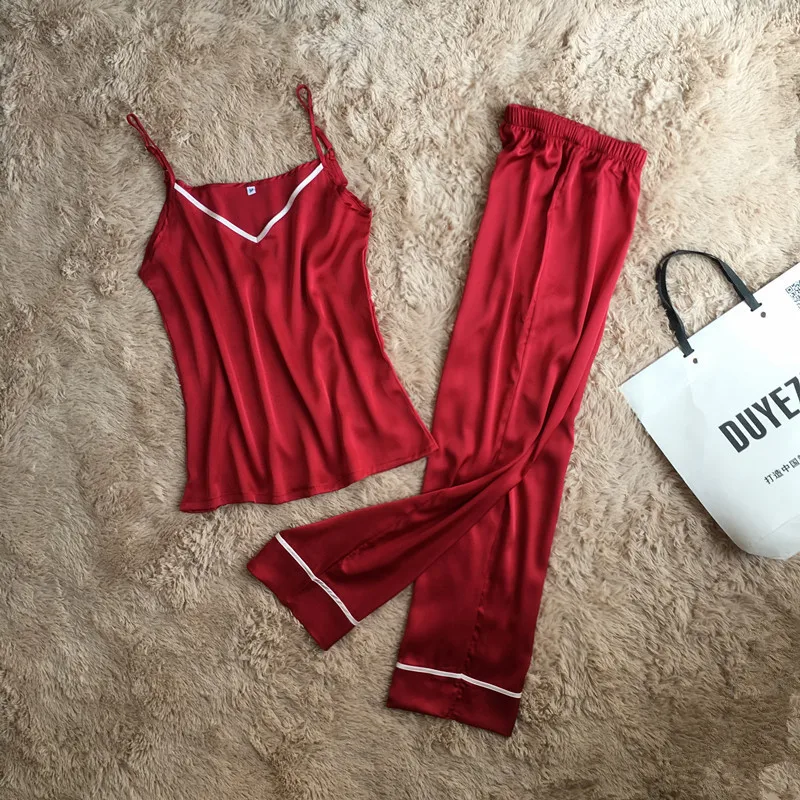 

Spaghetti Strap Women Pajama Set Nightdress+Long Pant Loose Women Deep V Sleepwear