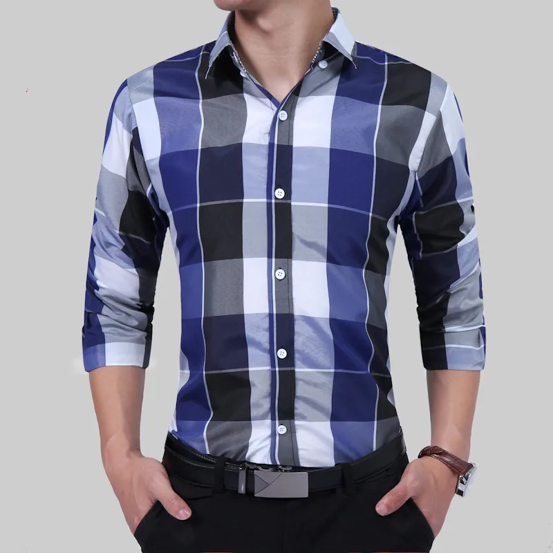 Plus Size 3XL 2018 Men's Plaid 100 Cotton Dress Shirts Male Long