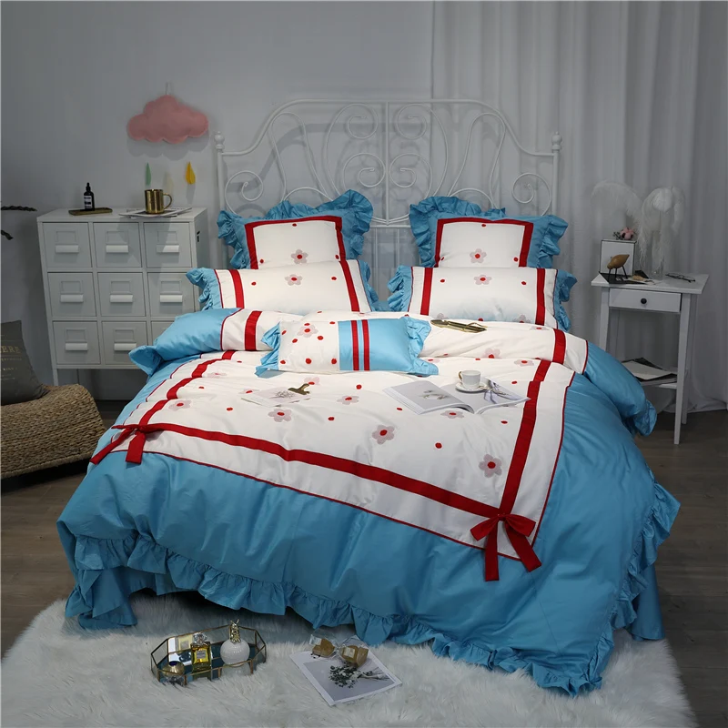 buy Luxury Egypt Cotton Sweet princess Bedding Set Ruffles Embroidery Duvet cover Bed Sheet Pillowcases Queen King Size 4 6 7Pcs