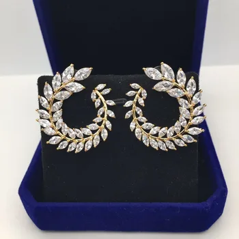 

Brinco Leaf Stud Earrings For Women Fashion Ear Wedding Jewelry Accessories With Cubic Zirconia Stones Yellow Gold Big Lady Gift
