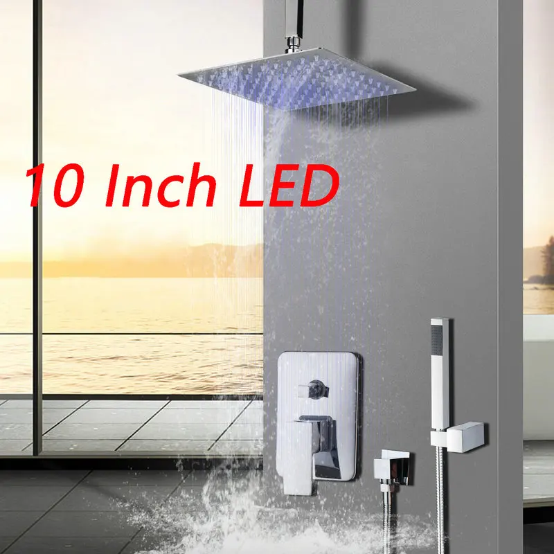 JIENI 8 10 12 16 Светодиодный душевой набор из нержавеющей стали для душа с дождевой насадкой, потолочный клапан, смеситель для душа, смеситель для душа - Цвет: 10 inch LED Shower