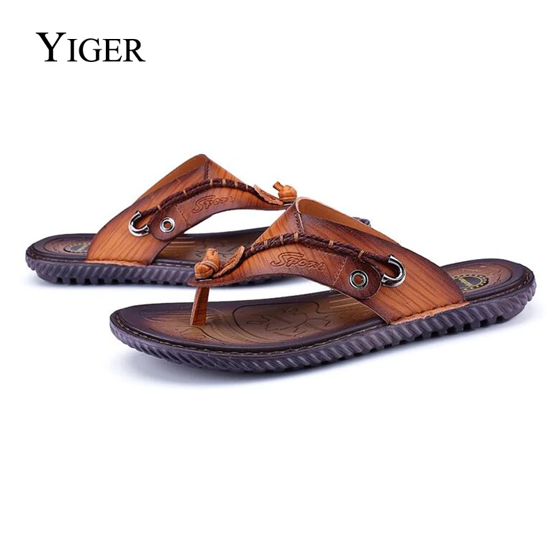 Шлепанцы YIGER мужские из натуральной кожи повседневные Мягкие тапочки