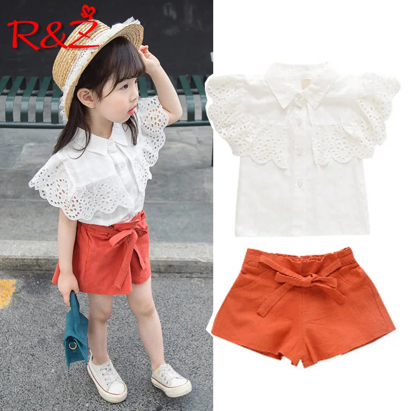 

R&Z Children's Set 2019 Summer New Girls Fashion Cotton Set Lace Sleeveless Tops White Shirt Tie Shorts Two-piece Set