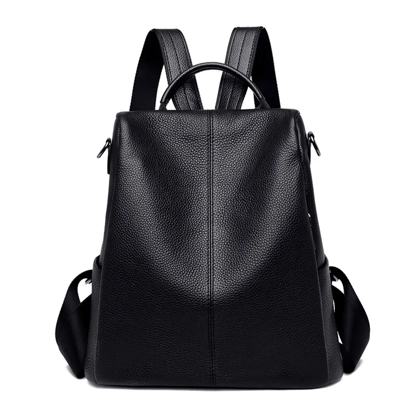 Качественный первый слой из воловьей кожи, женский рюкзак из натуральной, противоугонные Новые простые женские рюкзаки для отдыха, Подростковая школьная сумка - Цвет: Black