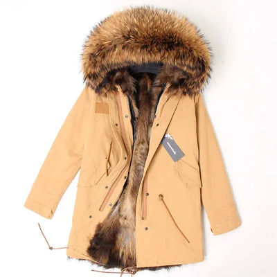 Пальто с натуральным мехом, зимняя куртка, Женская длинная парка, воротник из натурального меха енота, капюшон, подкладка из лисьего меха, Толстая теплая уличная одежда