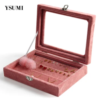 

YSUMI Velvet Jewelry Display Stand with Glass Cover Fashion jewelry Accessories Box Plate Stud Earrings Storage Box Organizer